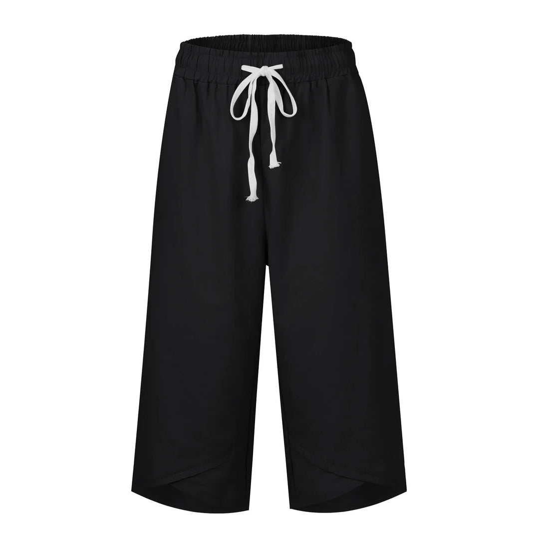 Black wide-leg pants with a white drawstring on a white background