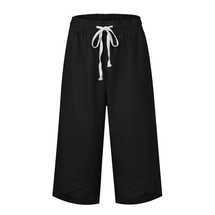 Black wide-leg pants with a white drawstring on a white background