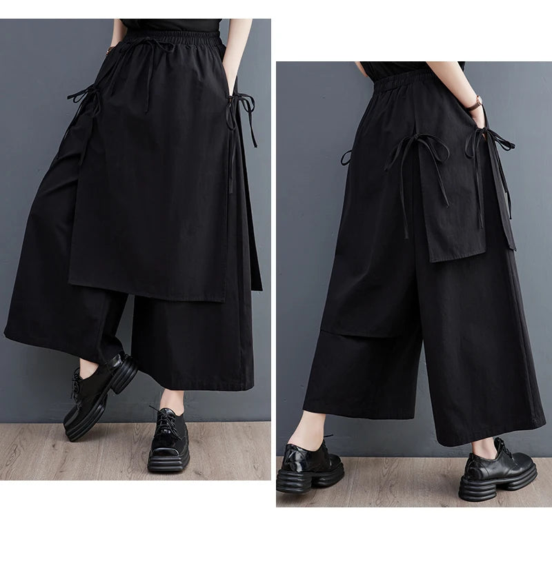 Women’s Black Wide-Leg Pants – Ankle Length with Bandage Detail